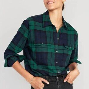 EUC Oversized Loose Flannel Navy Blue & Green Plaid Cotton Boyfriend Shirt